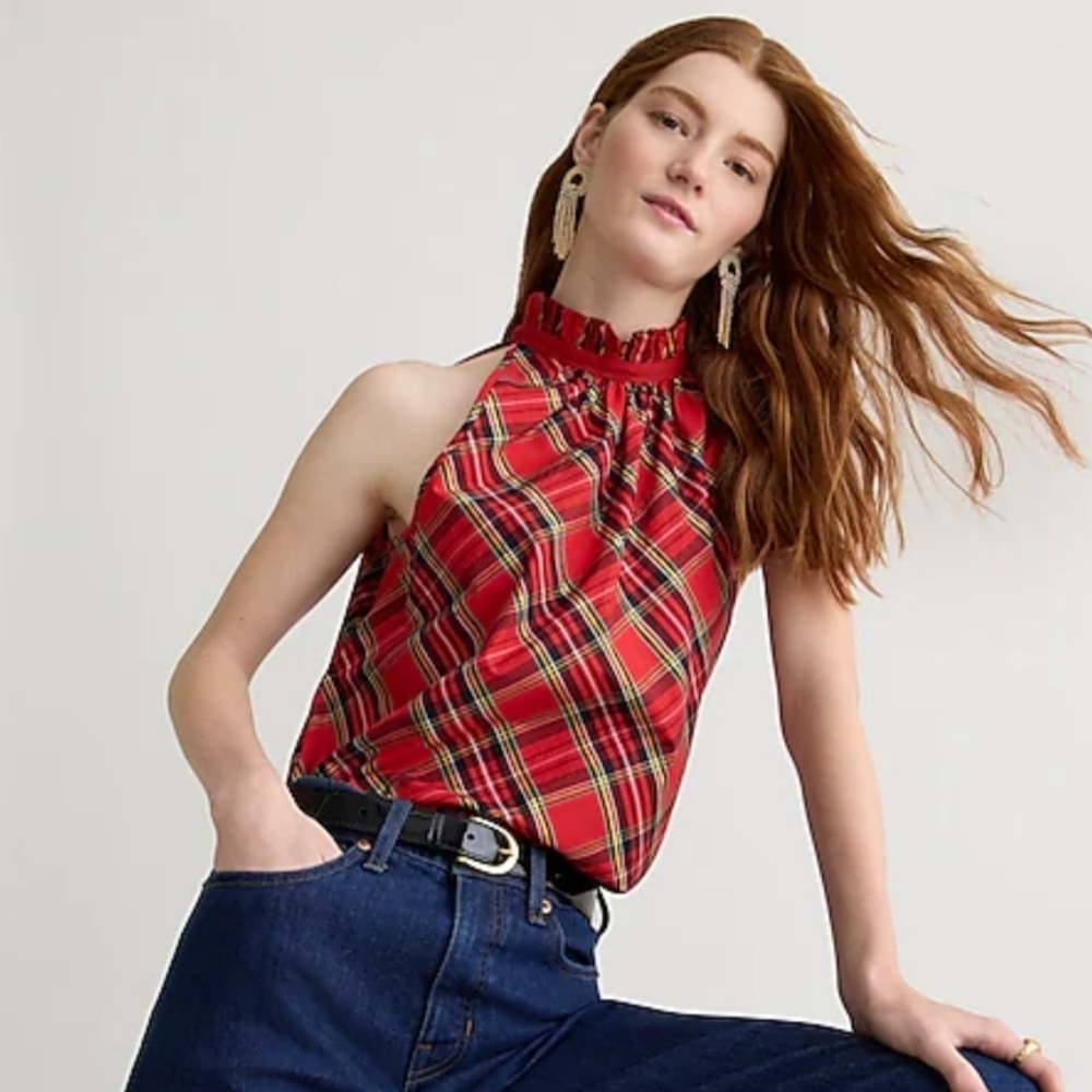J Crew Red Plaid Ruffle Neck Sleeveless Top Good Tidings Size XL NWT!!!